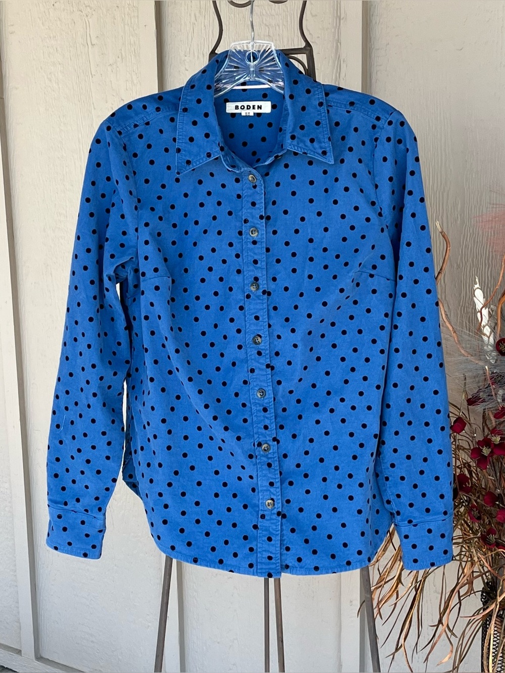 Boden Sienna Corduroy Polka Dot Button Down Shirt Blue Jay Blue Black Dots 8
